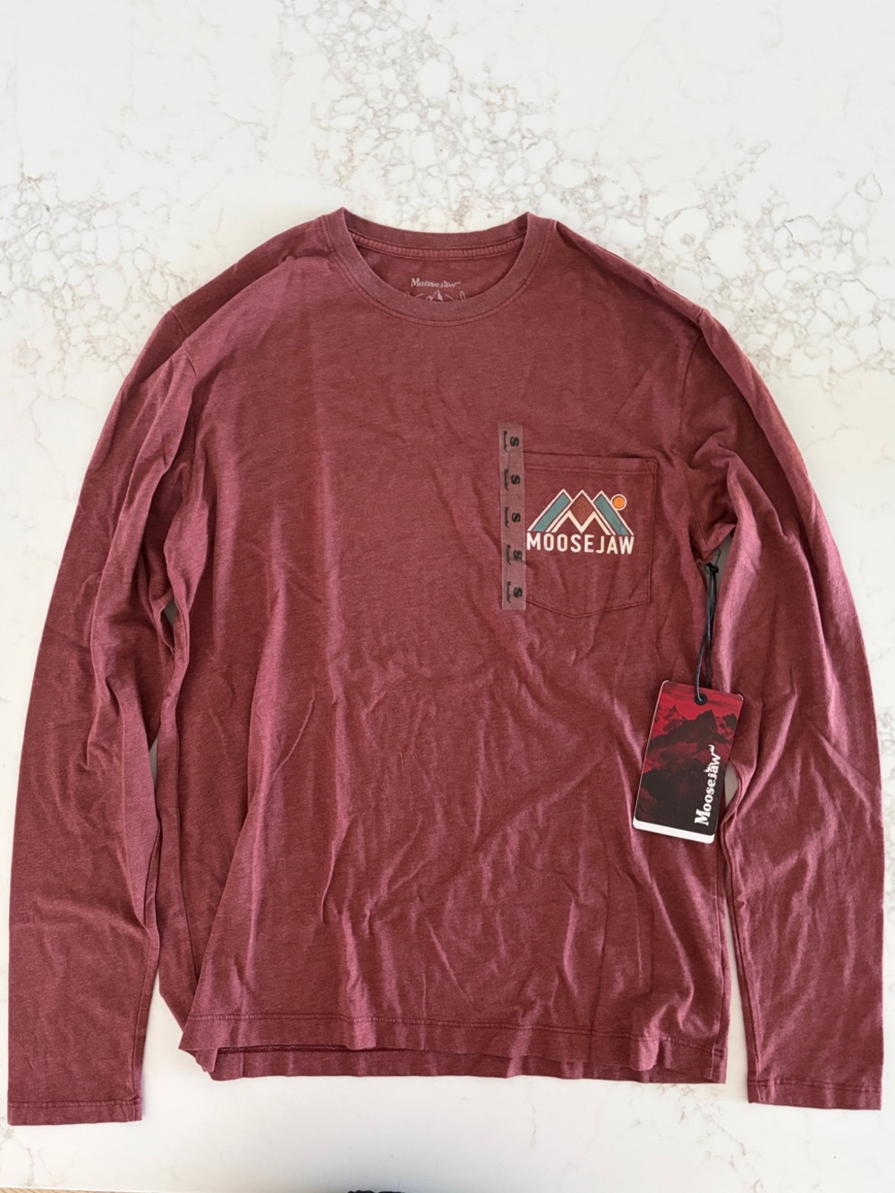 Moosejaw Men's Burgundy Long-Sleeve Pocket Tee with Mountain Logo